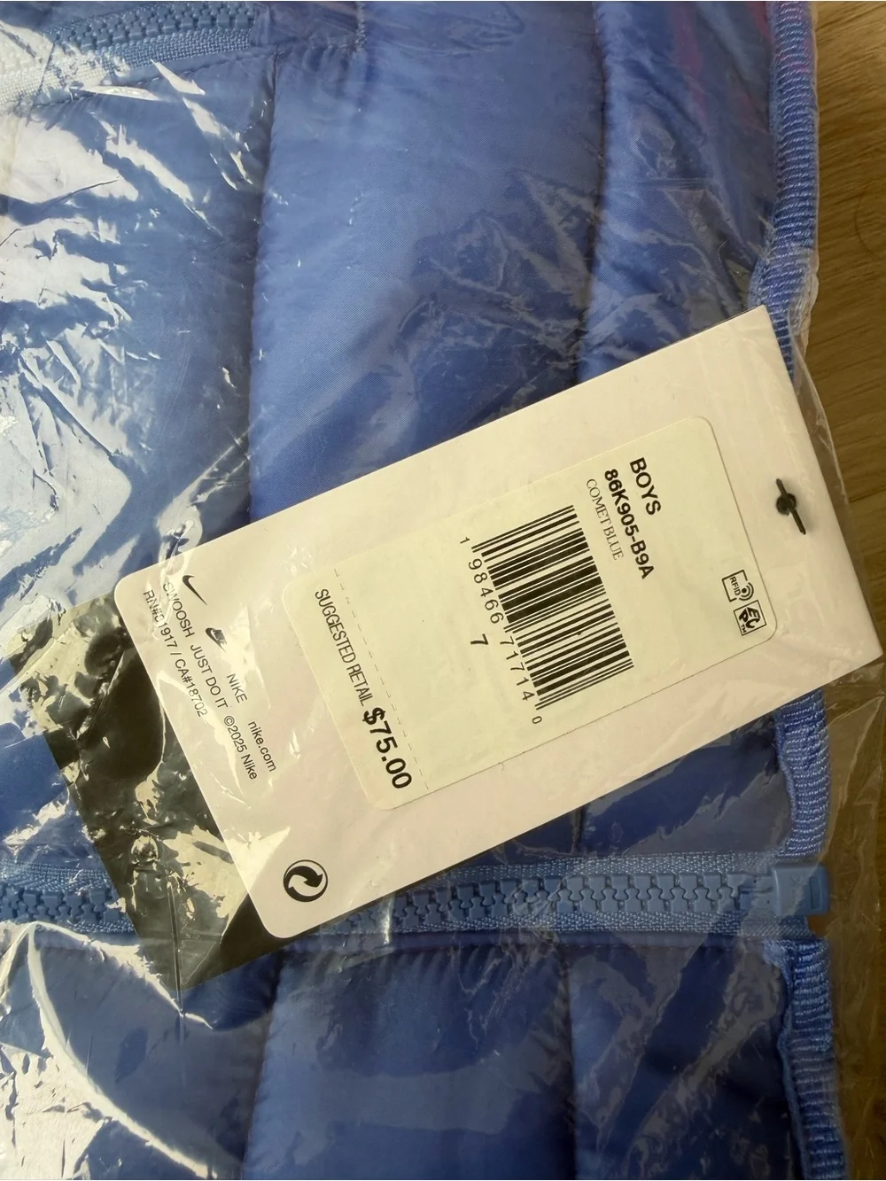 New Kids Sz 7 Nike Hooded Jacket Blue Water Resistant Midweight Faux Down Fill